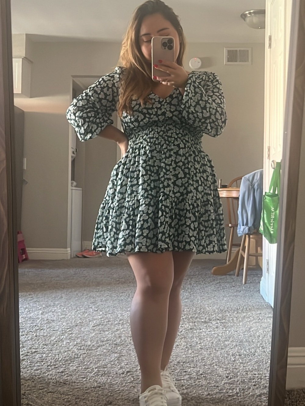Abercrombie & Fitch Green Floral Smocked Waist Mini Dress